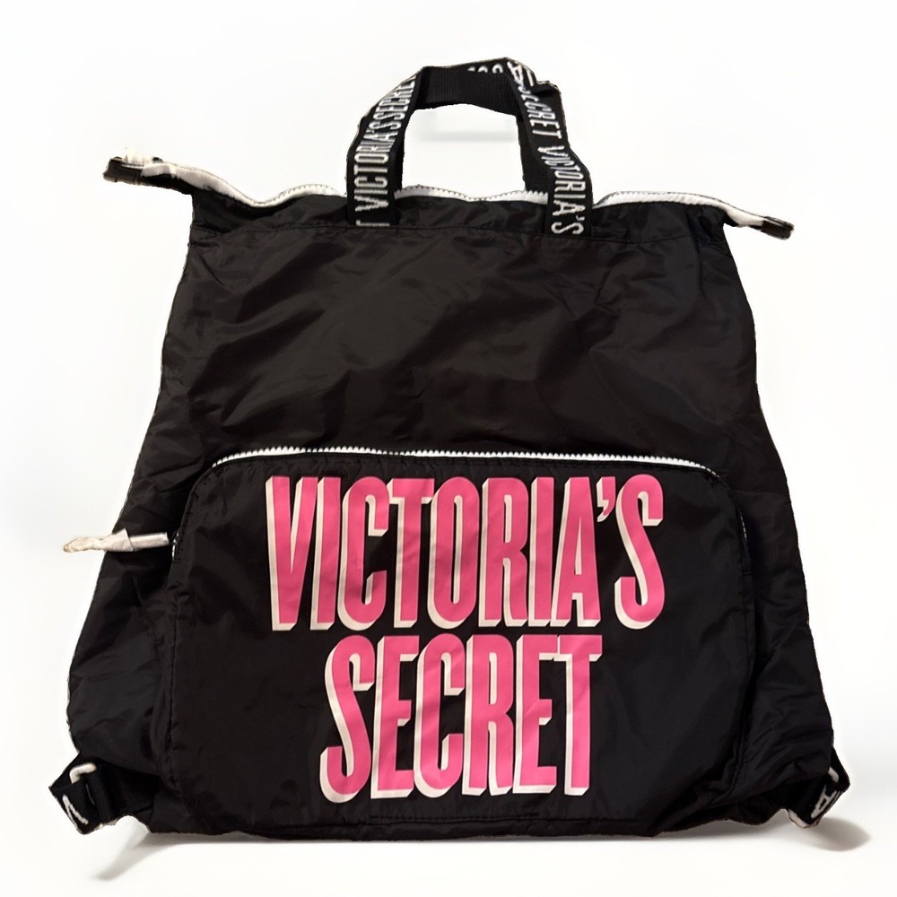 NWT Pink Victoria's Secret Nylon Bags Packable Backpack  Clutch Tote Bag Black